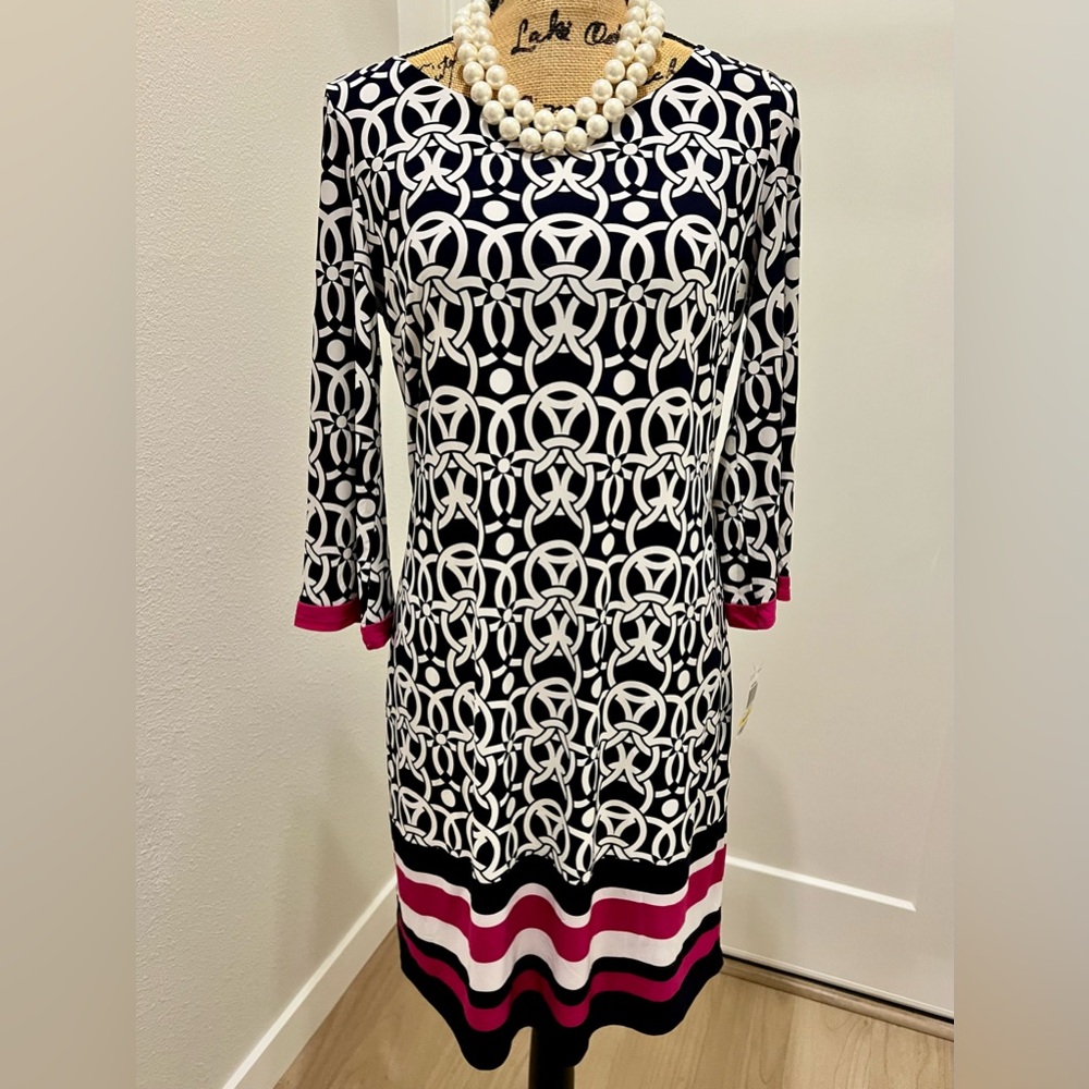 INC International Concepts Navy and White Geometric Dress with Pink Trim